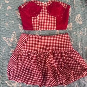 Red and white balloon skirt with matching strapless top